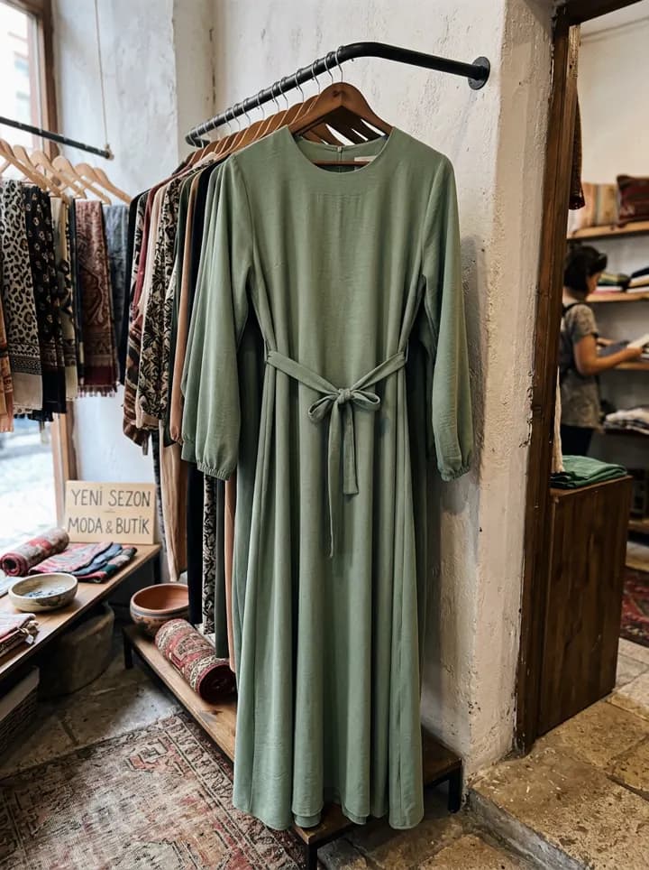 Ferace — satıcının çektiği ürün fotoğrafı (butikte, askıda)