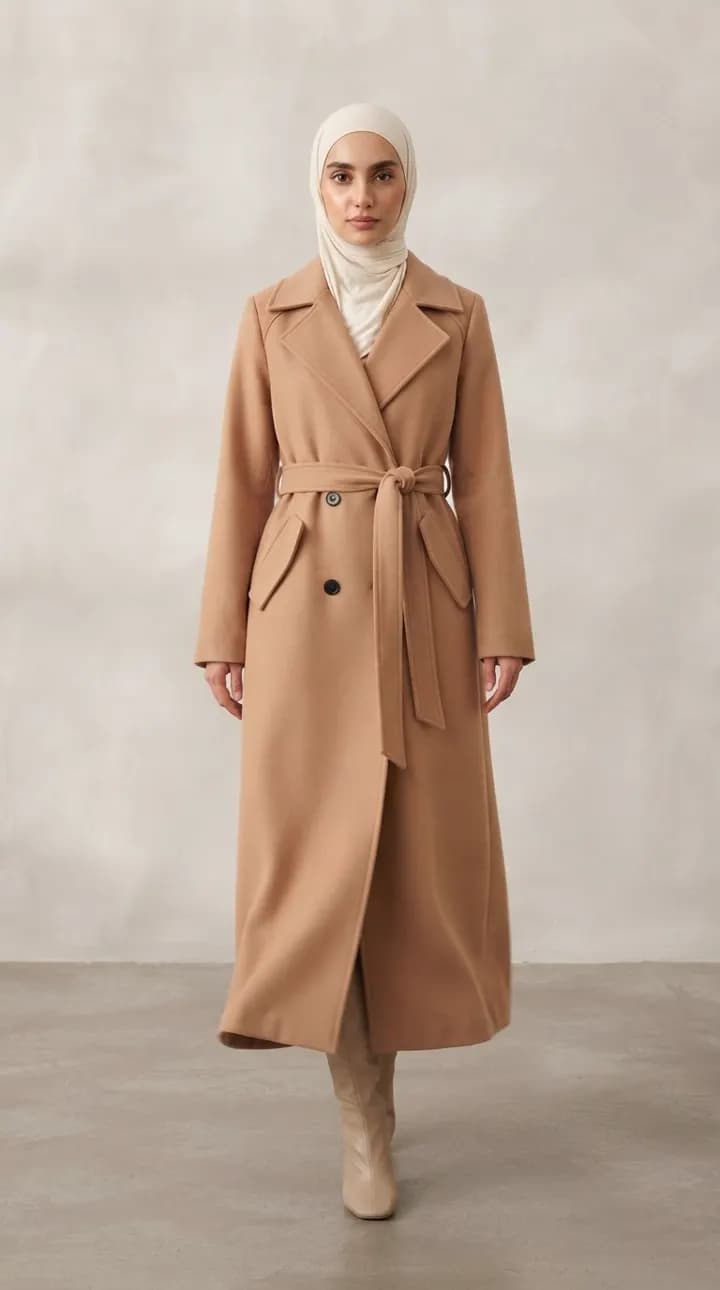 Kaban başörtülü yapay zeka mankende, yürürken poz